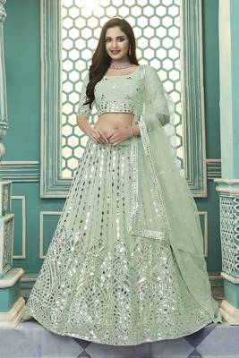 Shubhkala Glamorous Pista Green Gota Patti Embroidered Georgette Semi Stitched Bridal Lehenga 1