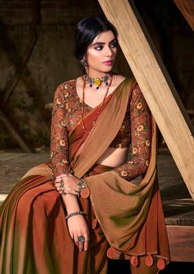 Classic Looking 3D Velvet Print Work Chiffon Sarees with Sequins work on border 2