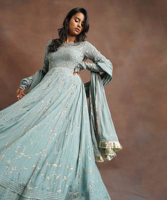 Aqua Blue Jhal Work Anarkali  5