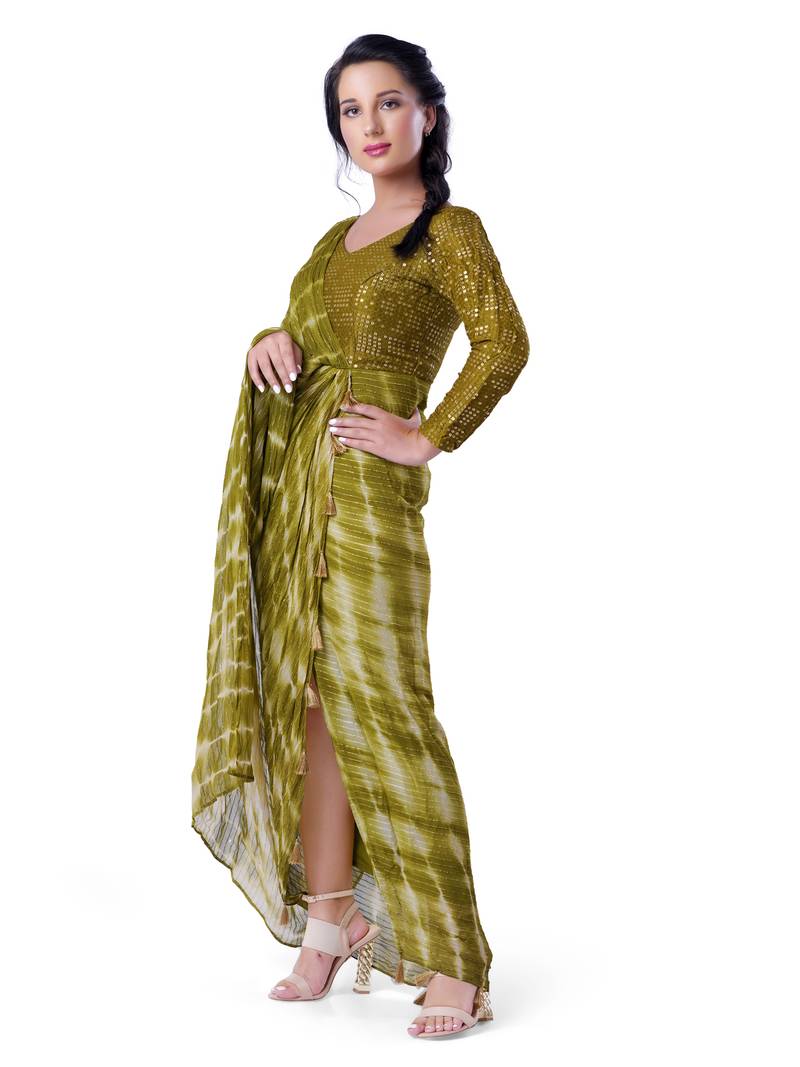 Trab Life Olive Green Half Saree Indo Western Style Gown