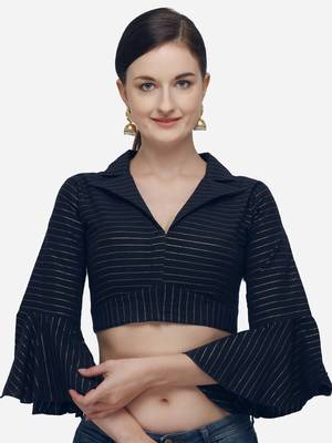 Printed Navy Blue Phantom Silk Blouse With Collared Neck  Bl 20058 Navyblue   1