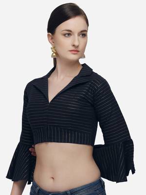 Printed Navy Blue Phantom Silk Blouse With Collared Neck  Bl 20058 Navyblue   3