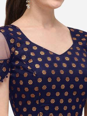 Jacquard Navy Blue Blouse With V Neck  (BL 20071 NavyBlue) 4