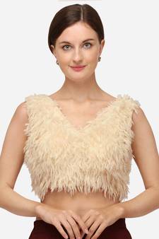 Silk Beige Fancy Blouse With V Neck Bl 20085 Beige  Freesize