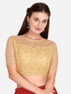 Embroidered & Sequences Work Beige Net Blouse With Boat Neck   Beige  Freesize 1