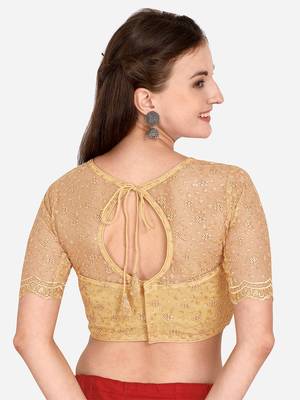 Embroidered & Sequences Work Beige Net Blouse With Boat Neck   Beige  Freesize 2