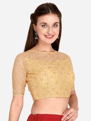 Embroidered & Sequences Work Beige Net Blouse With Boat Neck   Beige  Freesize 3