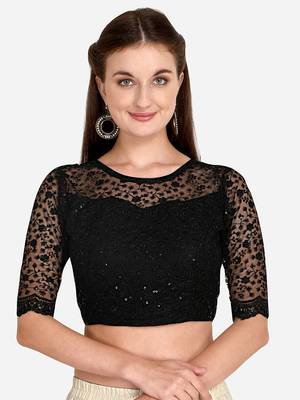Embroidered & Sequences Work Black Net Blouse With Boat Neck   Black)FreeSize 1
