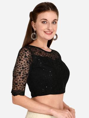 Embroidered & Sequences Work Black Net Blouse With Boat Neck   Black)FreeSize 3