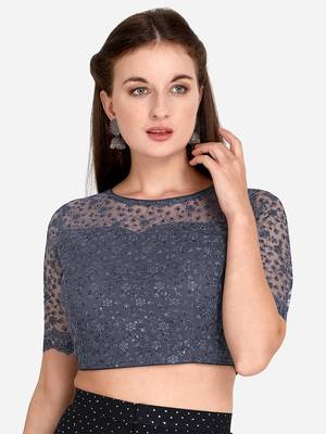 Embroidered & Sequences Work Grey Net Blouse With Boat Neck   Grey  Freesize 1