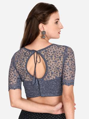 Embroidered & Sequences Work Grey Net Blouse With Boat Neck   Grey  Freesize 2