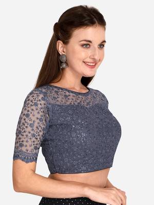 Embroidered & Sequences Work Grey Net Blouse With Boat Neck   Grey  Freesize 3