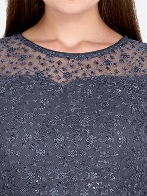 Embroidered & Sequences Work Grey Net Blouse With Boat Neck   Grey  Freesize 4