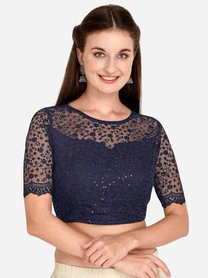 Embroidered & Sequences Work Navy Blue Net Blouse With Boat Neck   Navyblue  Freesize 1