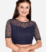Embroidered & Sequences Work Navy Blue Net Blouse With Boat Neck   Navyblue  Freesize