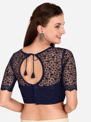 Embroidered & Sequences Work Navy Blue Net Blouse With Boat Neck   Navyblue  Freesize 2