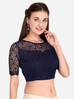 Embroidered & Sequences Work Navy Blue Net Blouse With Boat Neck   Navyblue  Freesize 3