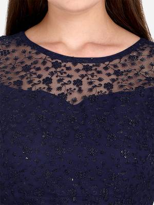 Embroidered & Sequences Work Navy Blue Net Blouse With Boat Neck   Navyblue  Freesize 4