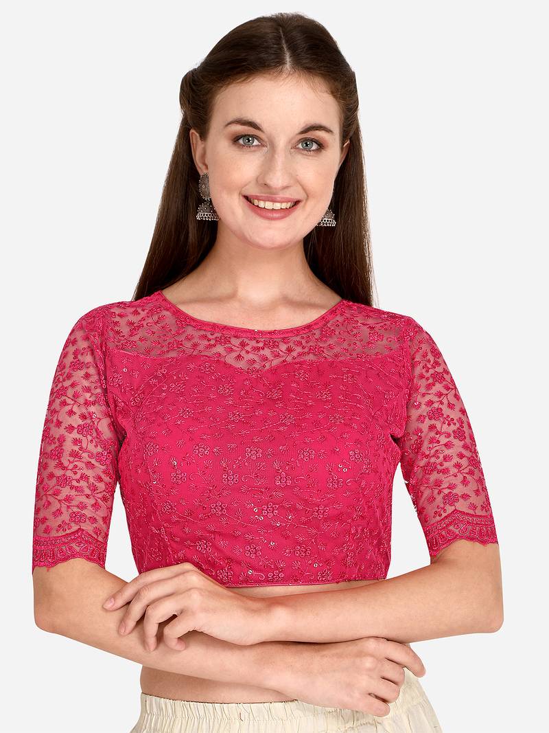 Embroidered & Sequences Work Pink Net Blouse With Boat Neck   Pink)FreeSize
