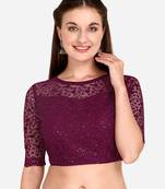 Embroidered & Sequences Work Purple Net Blouse With Boat Neck   Purple)FreeSize