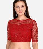 Embroidered & Sequences Work Red Net Blouse With Boat Neck   Red)FreeSize