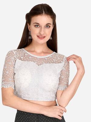 Embroidered & Sequences Work White Net Blouse With Boat Neck   White)FreeSize 1