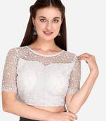 Embroidered & Sequences Work White Net Blouse With Boat Neck   White)FreeSize