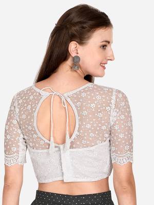Embroidered & Sequences Work White Net Blouse With Boat Neck   White)FreeSize 2