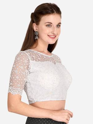 Embroidered & Sequences Work White Net Blouse With Boat Neck   White)FreeSize 3