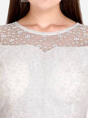 Embroidered & Sequences Work White Net Blouse With Boat Neck   White)FreeSize 4
