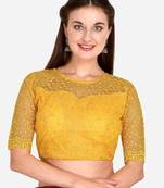 Embroidered & Sequences Work Yellow Net Blouse With Boat Neck   Yellow  Freesize