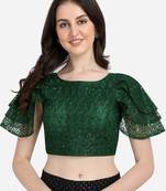 Embroidered & Sequences Work Green Net Boat Neck Blouse