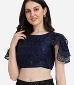Embroidered & Sequences Work Navy Blue Net Boat Neck Blouse