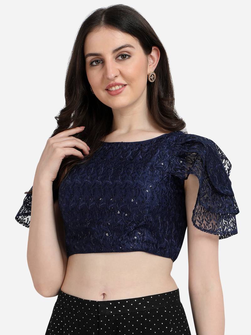 Embroidered & Sequences Work Navy Blue Net Boat Neck Blouse