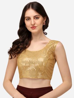 Embroidered & Sequences Work Beige Georgette Round Neck Blouse 1