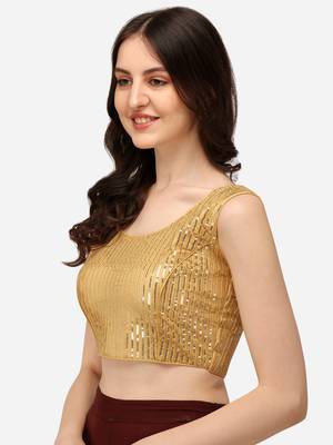 Embroidered & Sequences Work Beige Georgette Round Neck Blouse 3