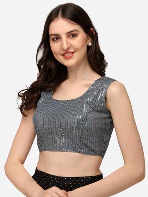 Embroidered & Sequences Work Grey Georgette Round Neck Blouse 1