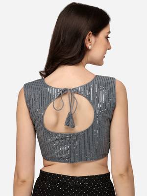 Embroidered & Sequences Work Grey Georgette Round Neck Blouse 2