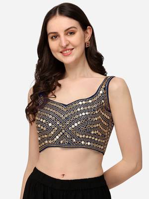 Embroidered Work Navy Blue Silk Sweethart Neck Blouse 1