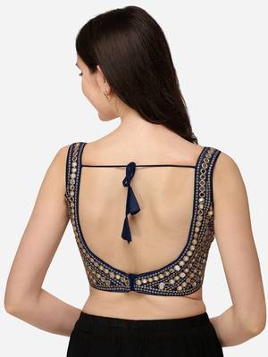 Embroidered Work Navy Blue Silk Sweethart Neck Blouse 2
