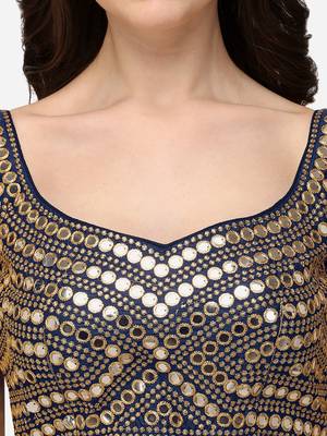 Embroidered Work Navy Blue Silk Sweethart Neck Blouse 4