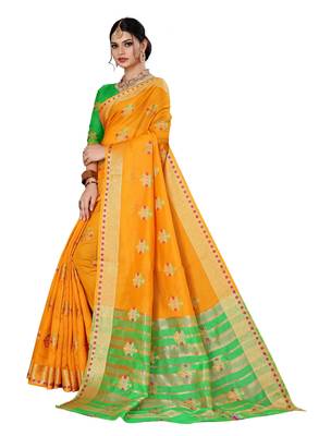 Yellow woven chanderi silk saree with blouse 1