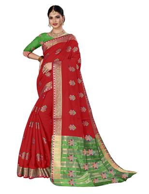Red woven chanderi silk saree with blouse 1