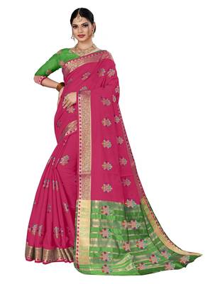 Rani pink woven chanderi silk saree with blouse 1