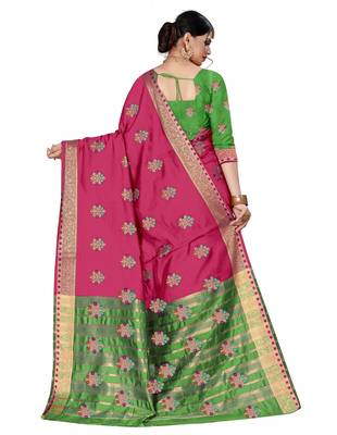 Rani pink woven chanderi silk saree with blouse 2