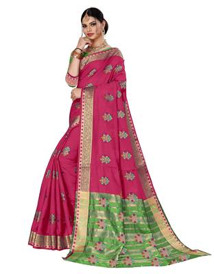 Rani pink woven chanderi silk saree with blouse 3