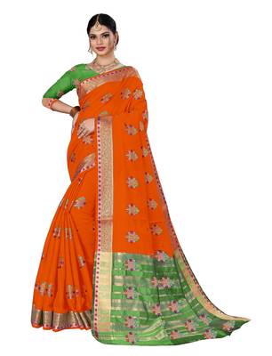 Orange woven chanderi silk saree with blouse 1