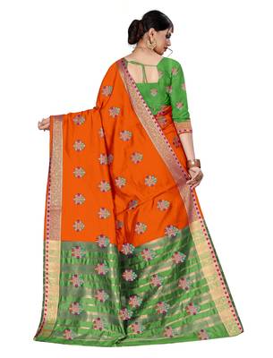 Orange woven chanderi silk saree with blouse 2
