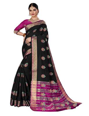 Black woven chanderi silk saree with blouse 1