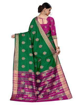Green woven chanderi silk saree with blouse 2